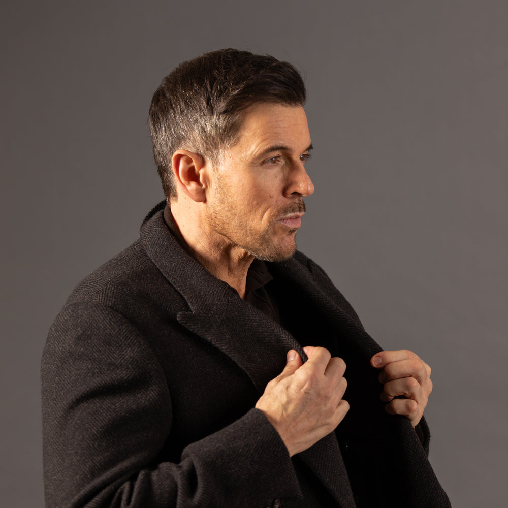 
                  
                    Double Breasted Peak Lapel Overcoat in Brown Herringbone
                  
                