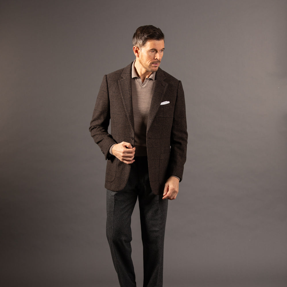 
                  
                    Single Breasted Notch Lapel Jacket in Chocolate Brown Glen Check
                  
                