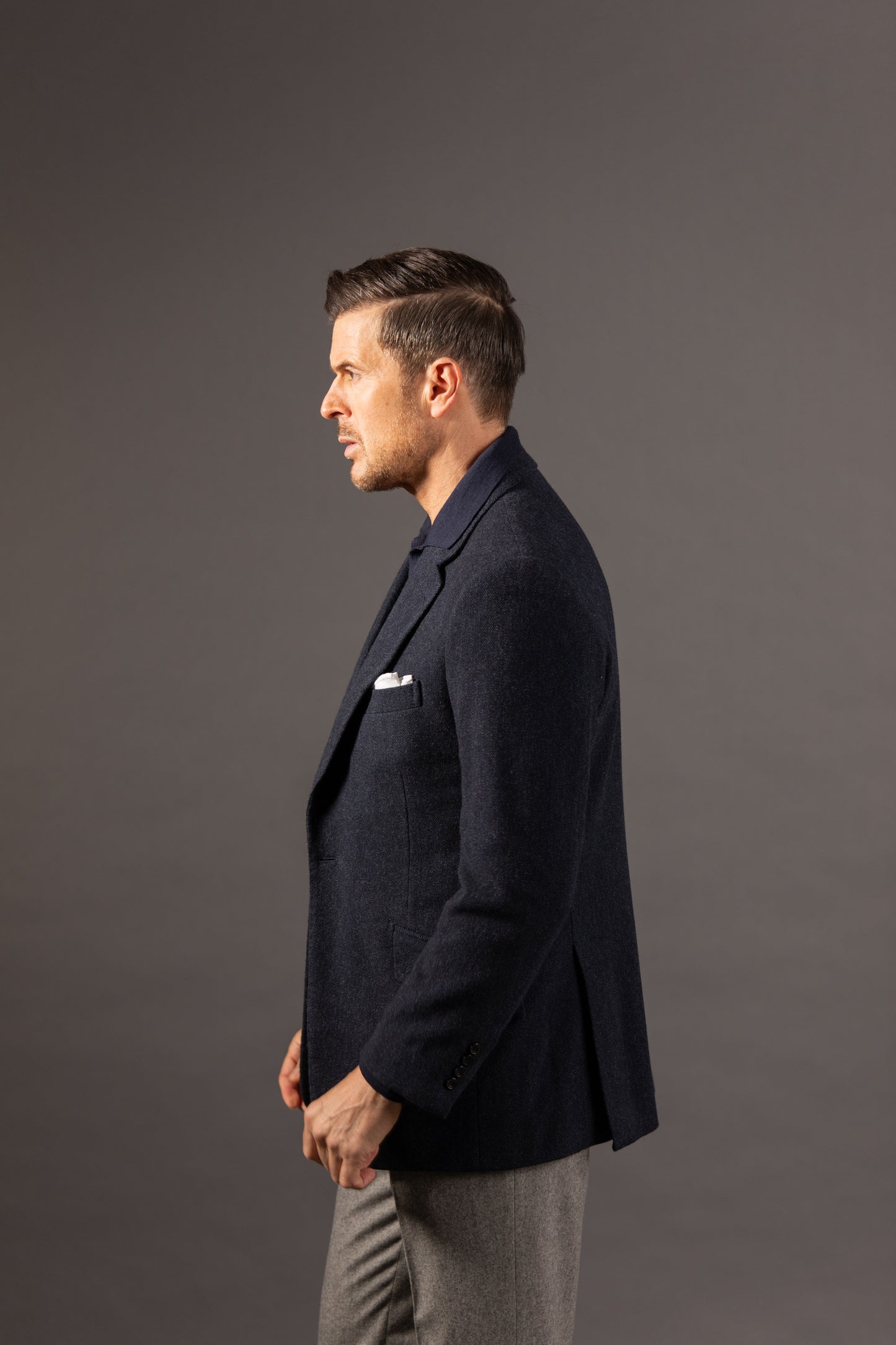 
                  
                    Single Breasted Notch Lapel Jacket in Mid Blue Herringbone
                  
                