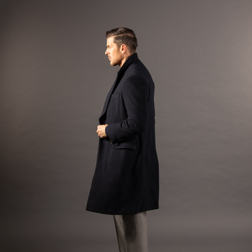 
                  
                    Double Breasted Peak Lapel Overcoat in Navy Herringbone
                  
                