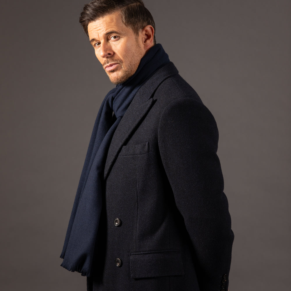 
                  
                    Double Breasted Peak Lapel Overcoat in Navy Herringbone
                  
                