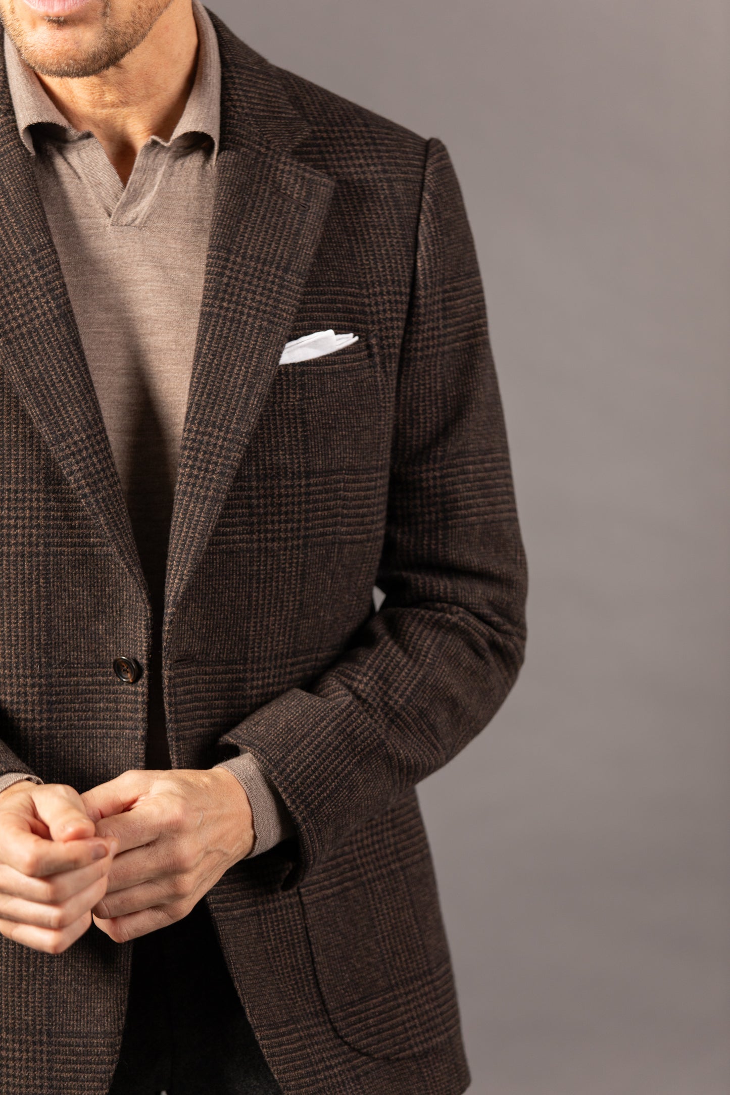 
                  
                    Single Breasted Notch Lapel Jacket in Chocolate Brown Glen Check
                  
                