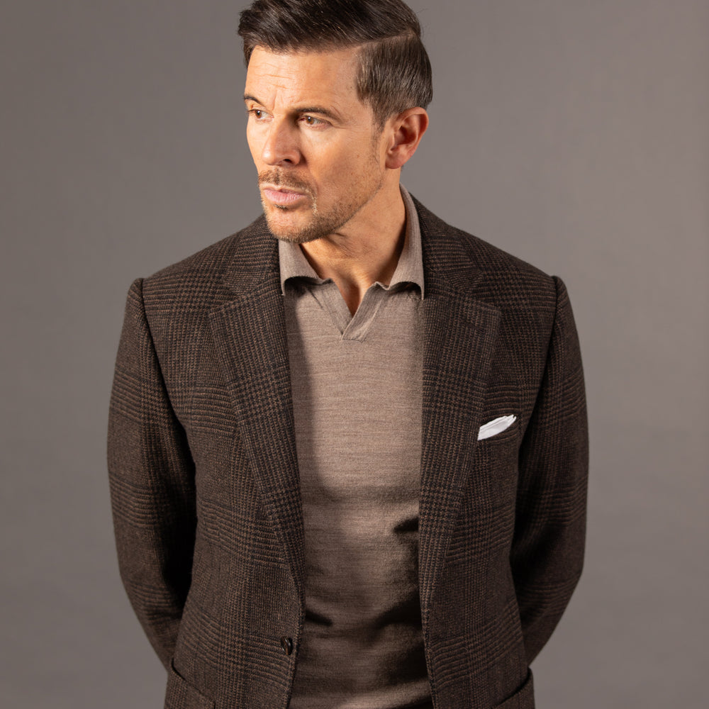 
                  
                    Single Breasted Notch Lapel Jacket in Chocolate Brown Glen Check
                  
                