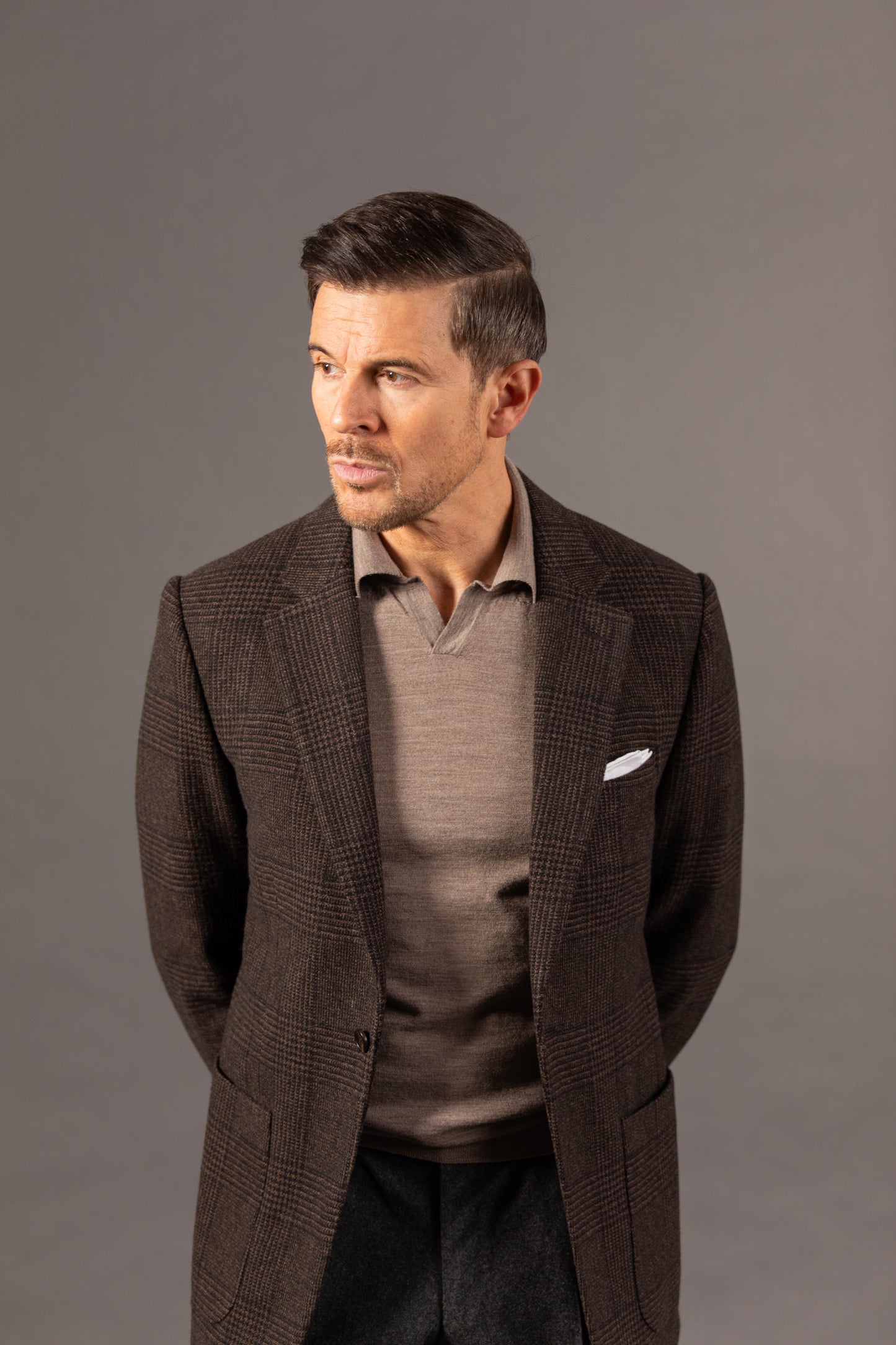 
                  
                    Single Breasted Notch Lapel Jacket in Chocolate Brown Glen Check
                  
                