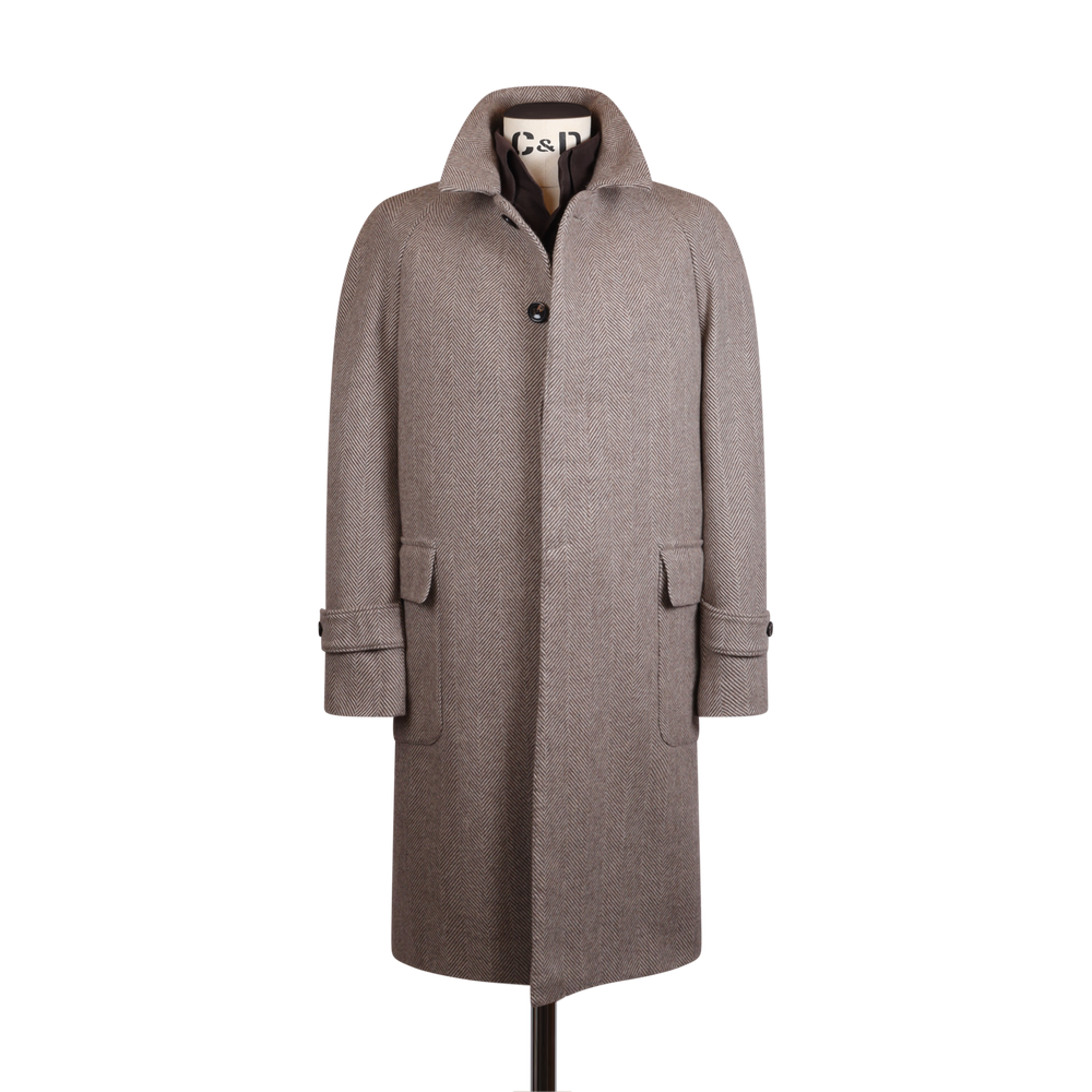 Raglan Overcoat in Brown Herringbone Cashmere Mix