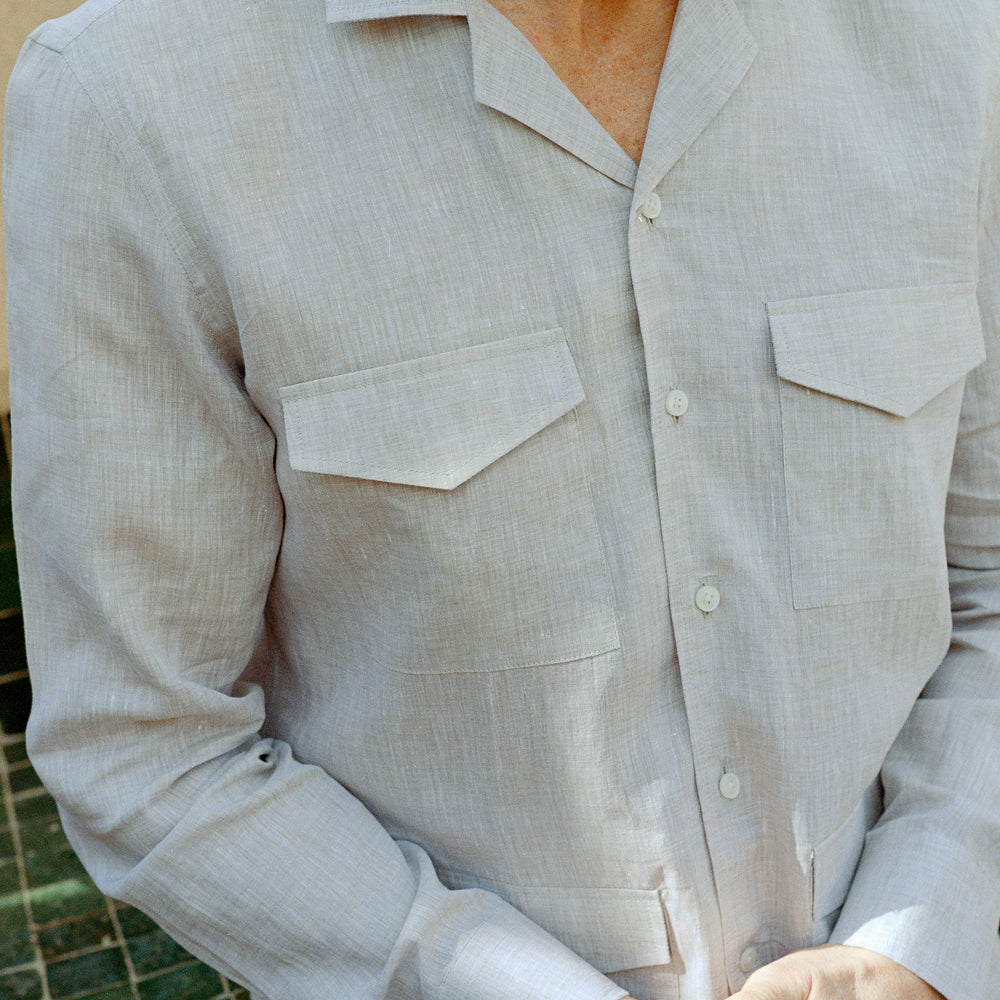 
                  
                    Riviera Collar Safari Shirt in Beige Linen
                  
                