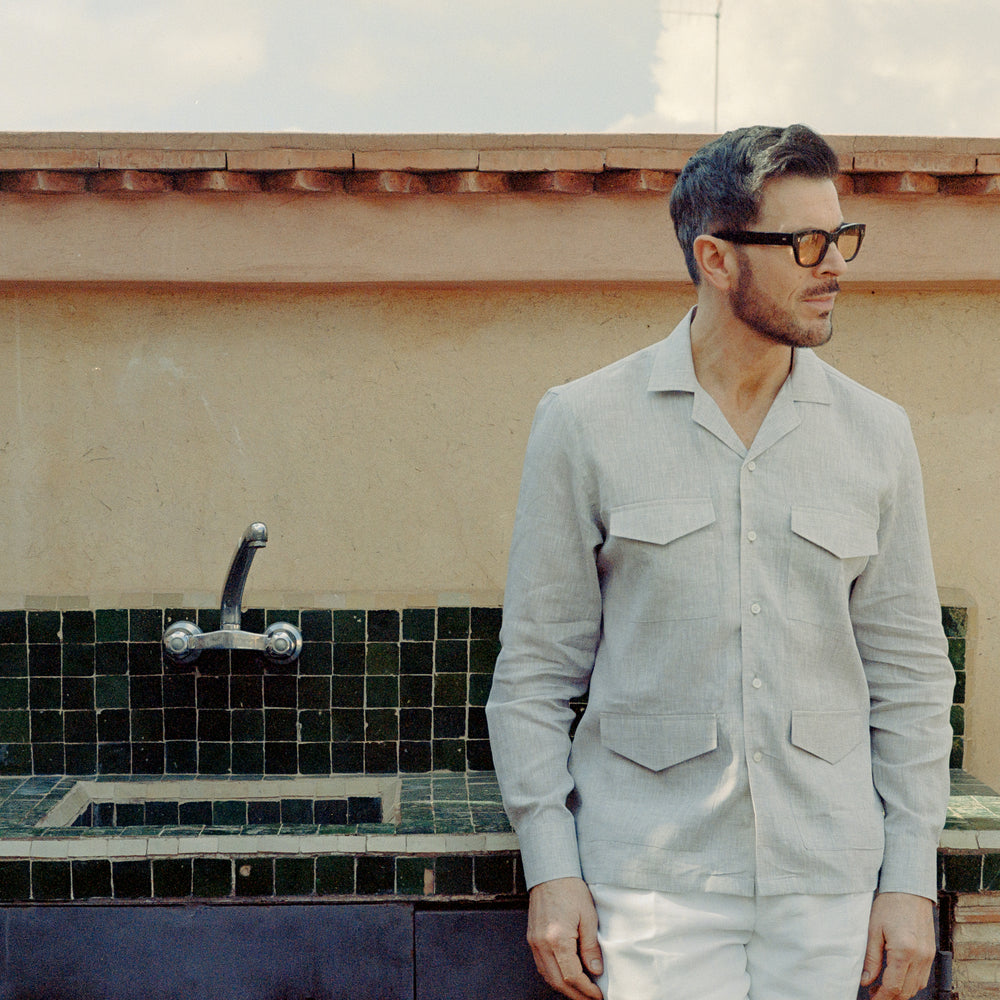 
                  
                    Riviera Collar Safari Shirt in Beige Linen
                  
                