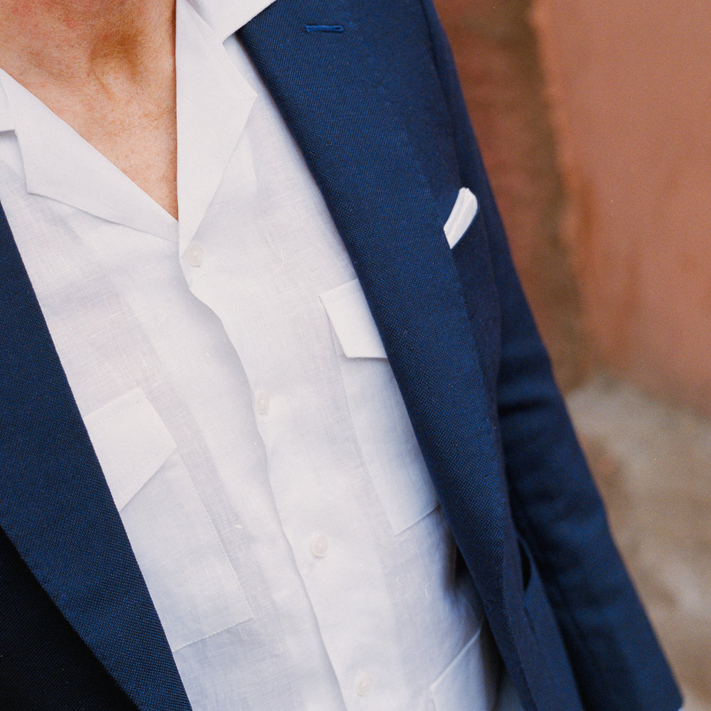 
                  
                    Riviera Collar Safari Shirt in White Linen
                  
                