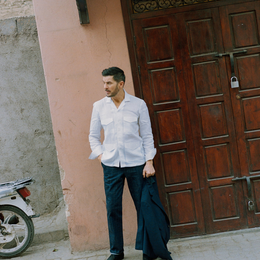 
                  
                    Riviera Collar Safari Shirt in White Linen
                  
                