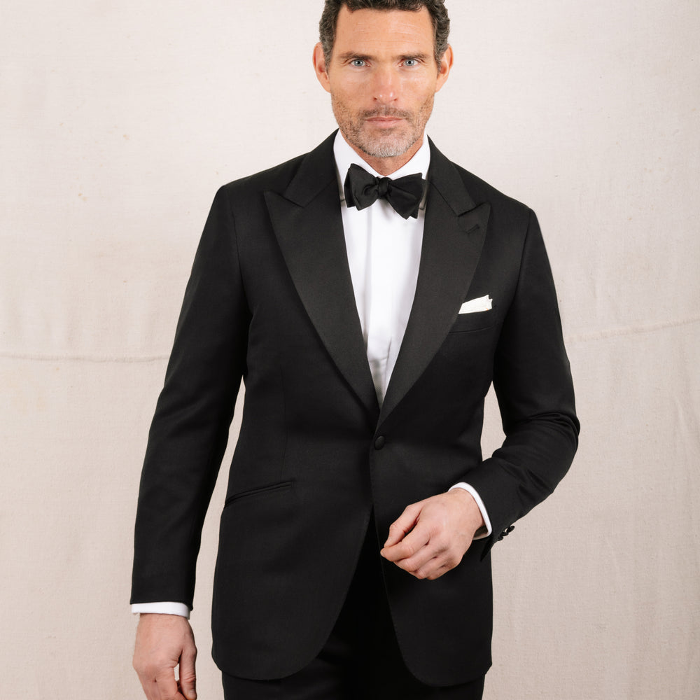 
                  
                    Peak Lapel Tuxedo in Black Barathea
                  
                