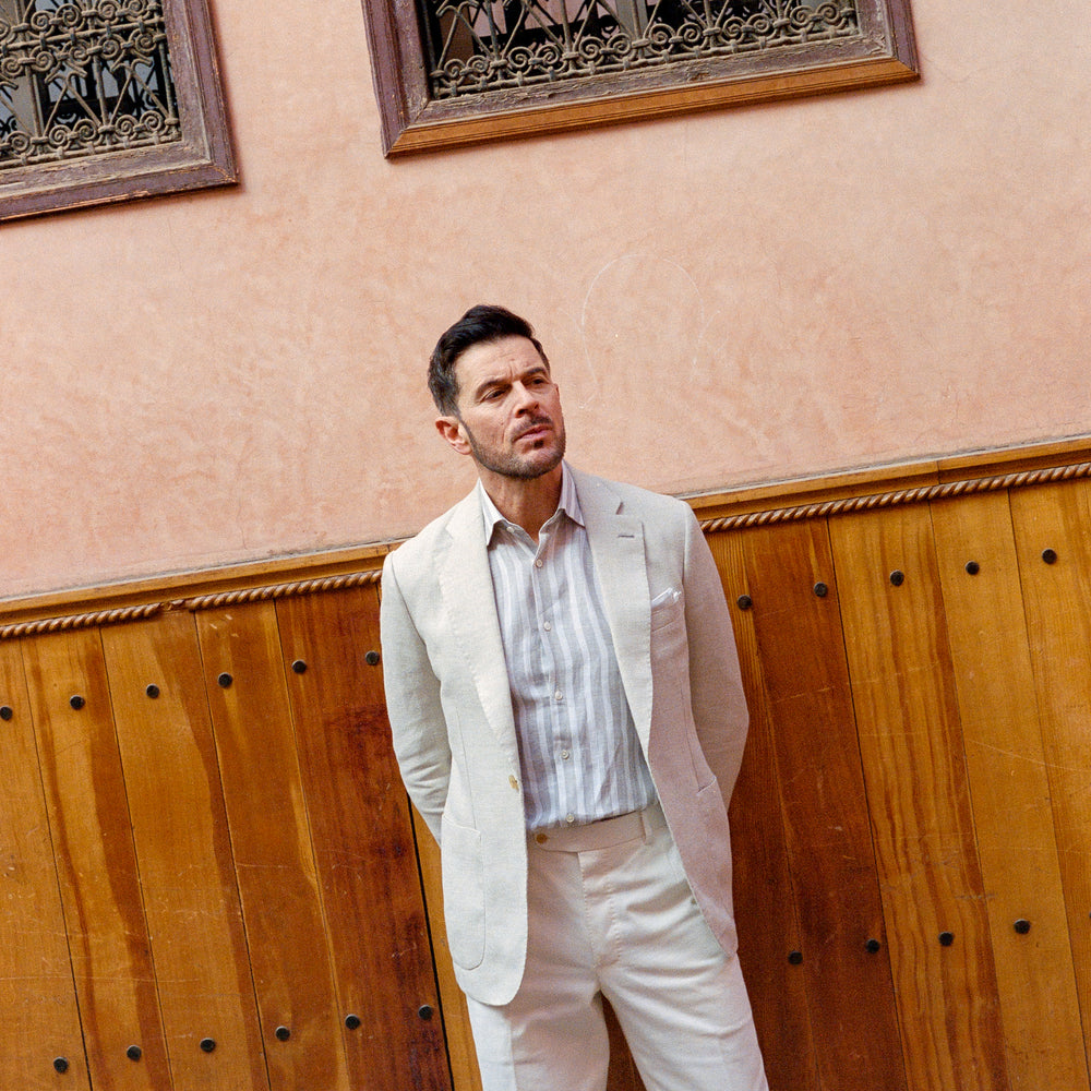 
                  
                    Single Breasted Notch Lapel Jacket in Cream Hemp
                  
                