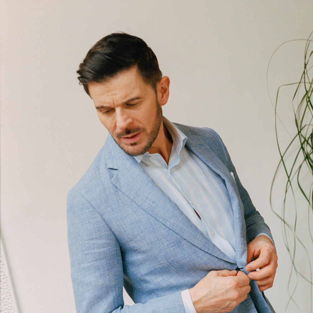 
                  
                    Single Breasted Notch Lapel Jacket in Sky Blue Hopsack
                  
                