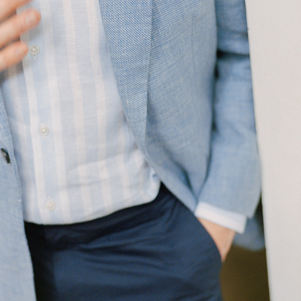 
                  
                    Single Breasted Notch Lapel Jacket in Sky Blue Hopsack
                  
                
