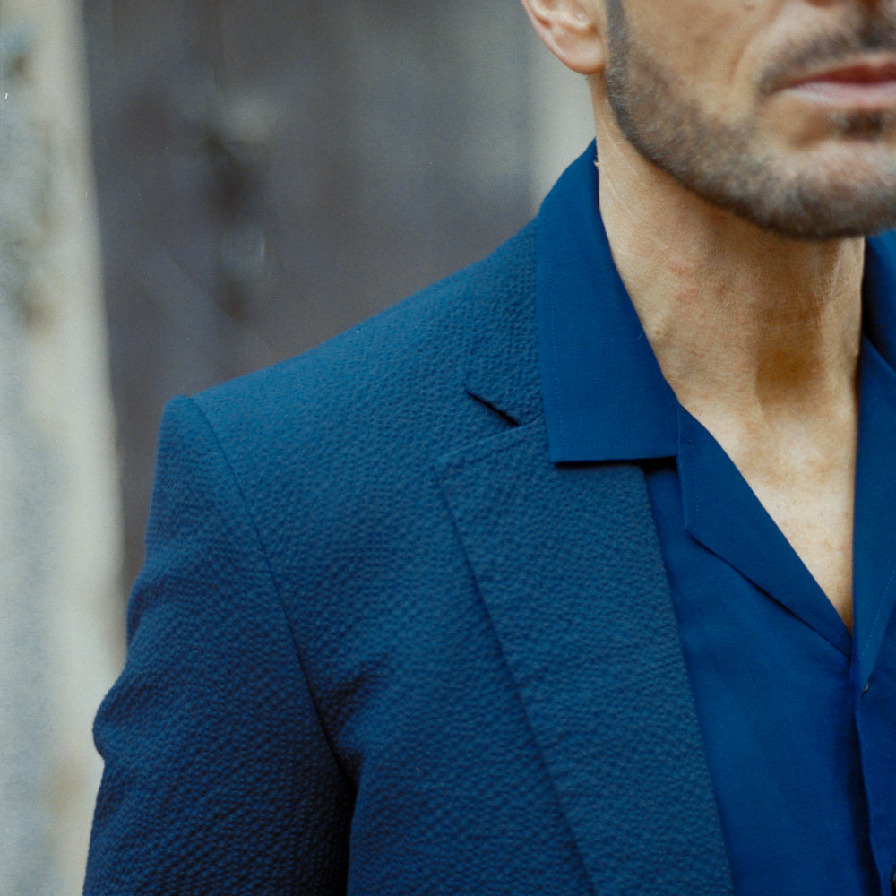 
                  
                    Single Breasted Notch Lapel Suit in Navy Seersucker
                  
                