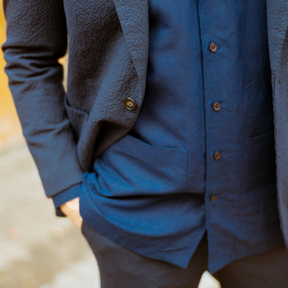 
                  
                    Single Breasted Notch Lapel Suit in Navy Seersucker
                  
                