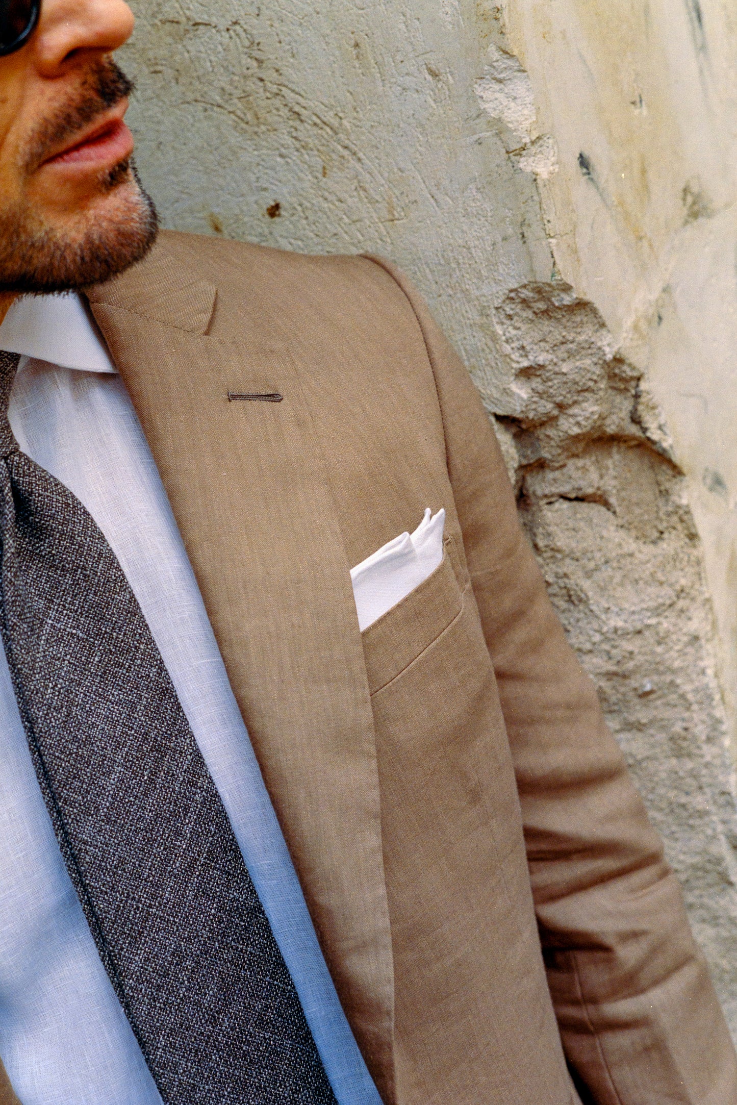 
                  
                    Single Breasted Notch Lapel Suit in Tobacco Wool Linen
                  
                