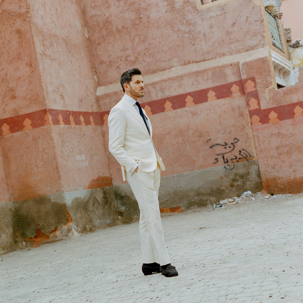 
                  
                    Single Breasted Peak Lapel Suit in Cream Wool Linen
                  
                