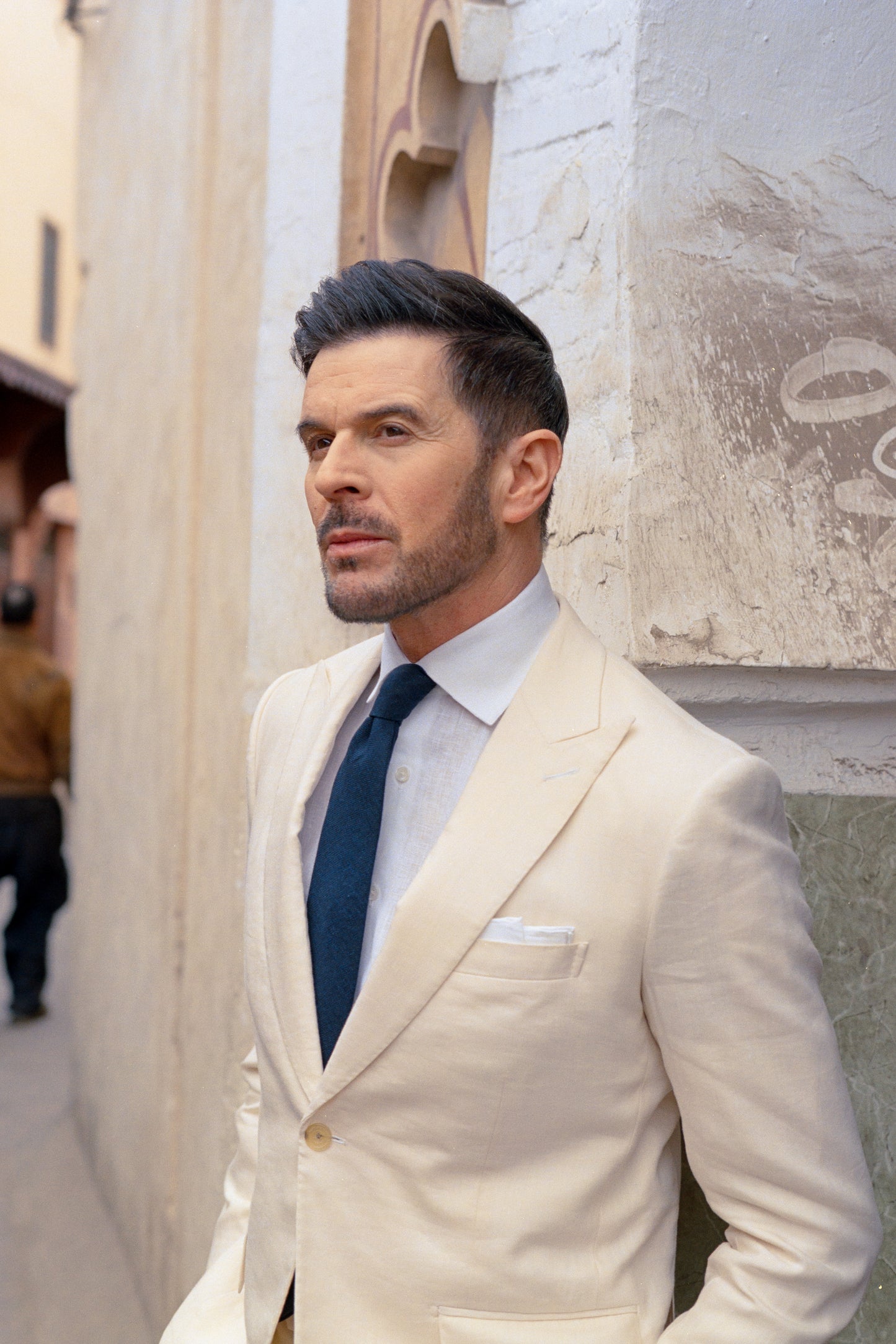 
                  
                    Single Breasted Peak Lapel Suit in Cream Wool Linen
                  
                