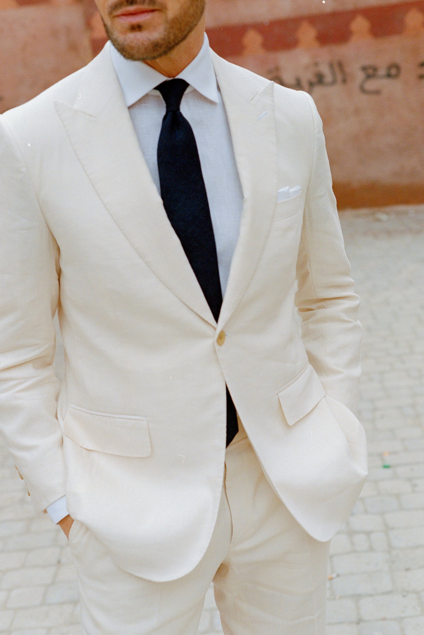 
                  
                    Single Breasted Peak Lapel Suit in Cream Wool Linen
                  
                