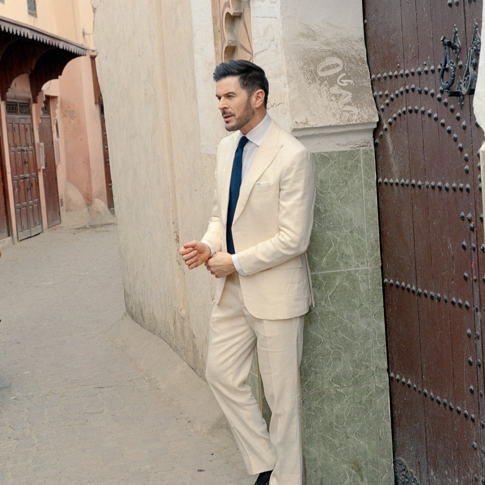 
                  
                    Single Breasted Peak Lapel Suit in Cream Wool Linen
                  
                