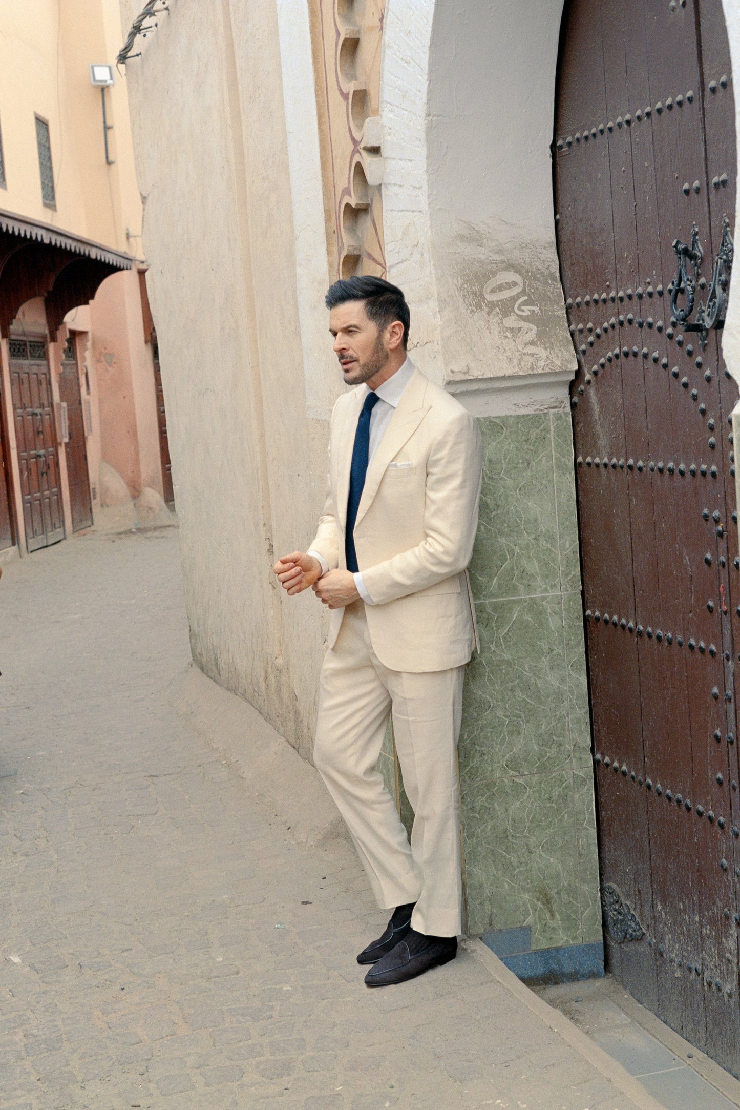 
                  
                    Single Breasted Peak Lapel Suit in Cream Wool Linen
                  
                