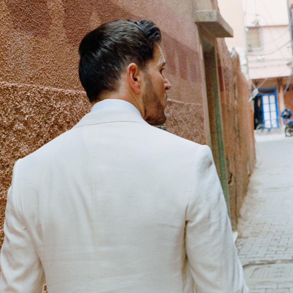
                  
                    Single Breasted Peak Lapel Suit in Cream Wool Linen
                  
                