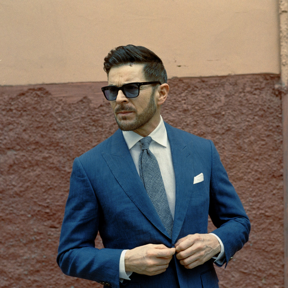 
                  
                    Single Breasted Peak Lapel Suit in Mid Blue Wool Linen
                  
                