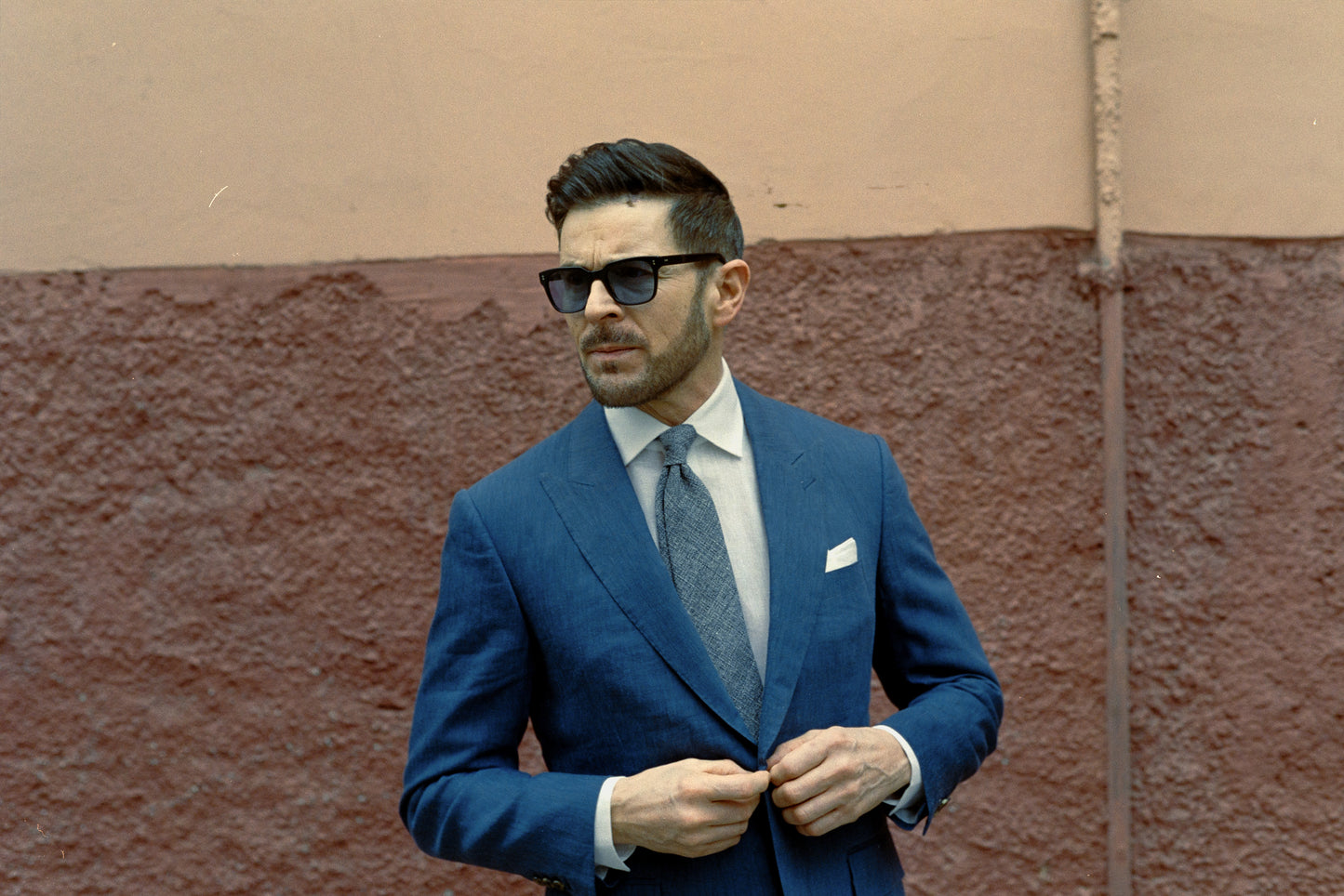 
                  
                    Single Breasted Peak Lapel Suit in Mid Blue Wool Linen
                  
                