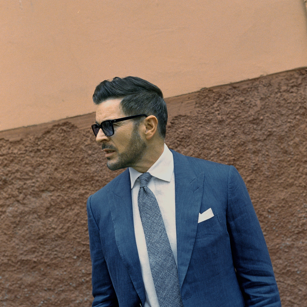 
                  
                    Single Breasted Peak Lapel Suit in Mid Blue Wool Linen
                  
                