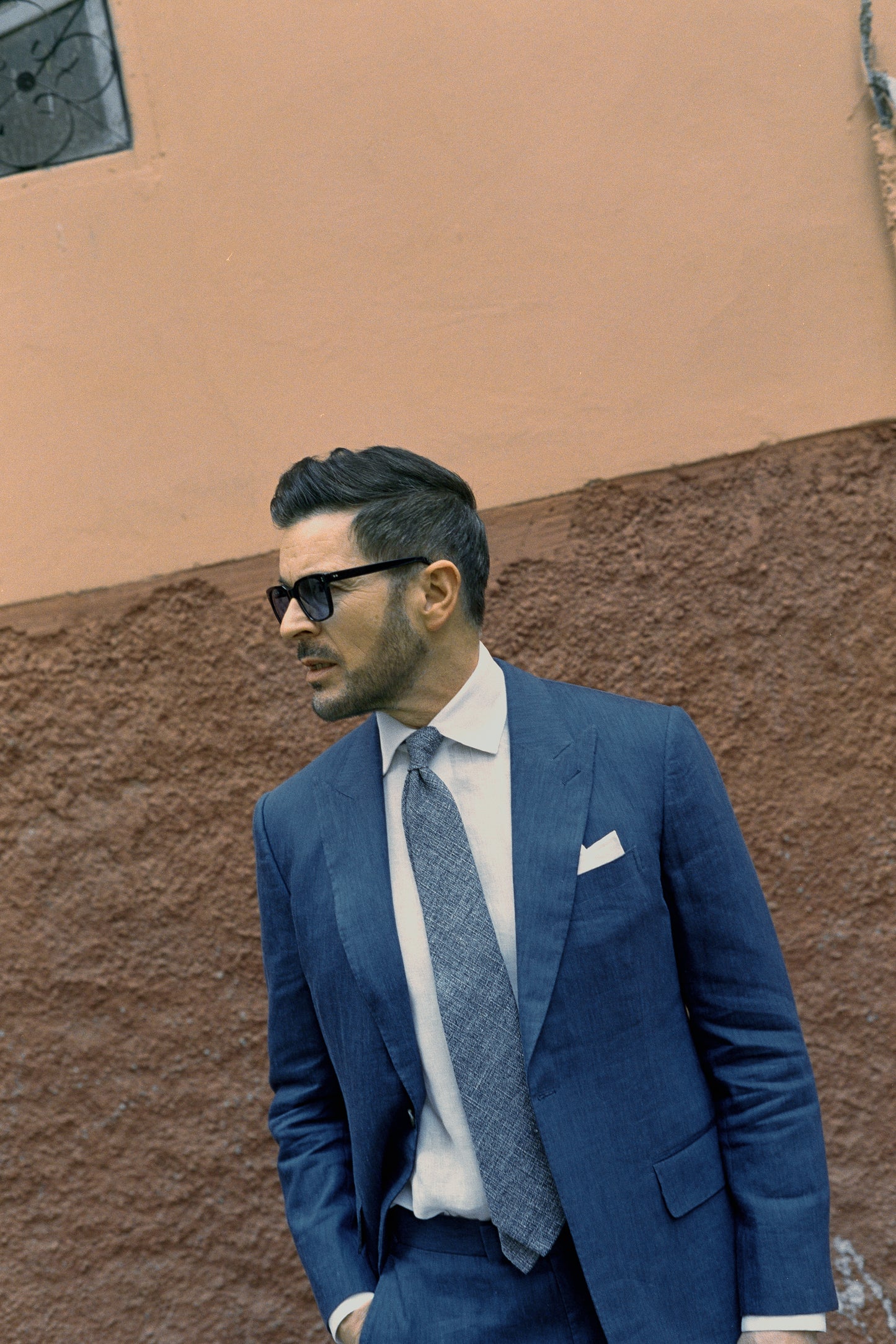 
                  
                    Single Breasted Peak Lapel Suit in Mid Blue Wool Linen
                  
                