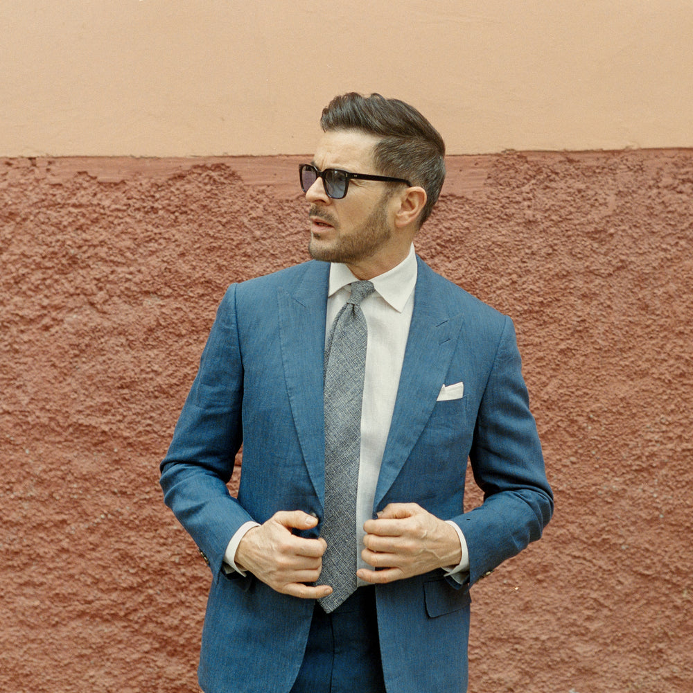 
                  
                    Single Breasted Peak Lapel Suit in Mid Blue Wool Linen
                  
                