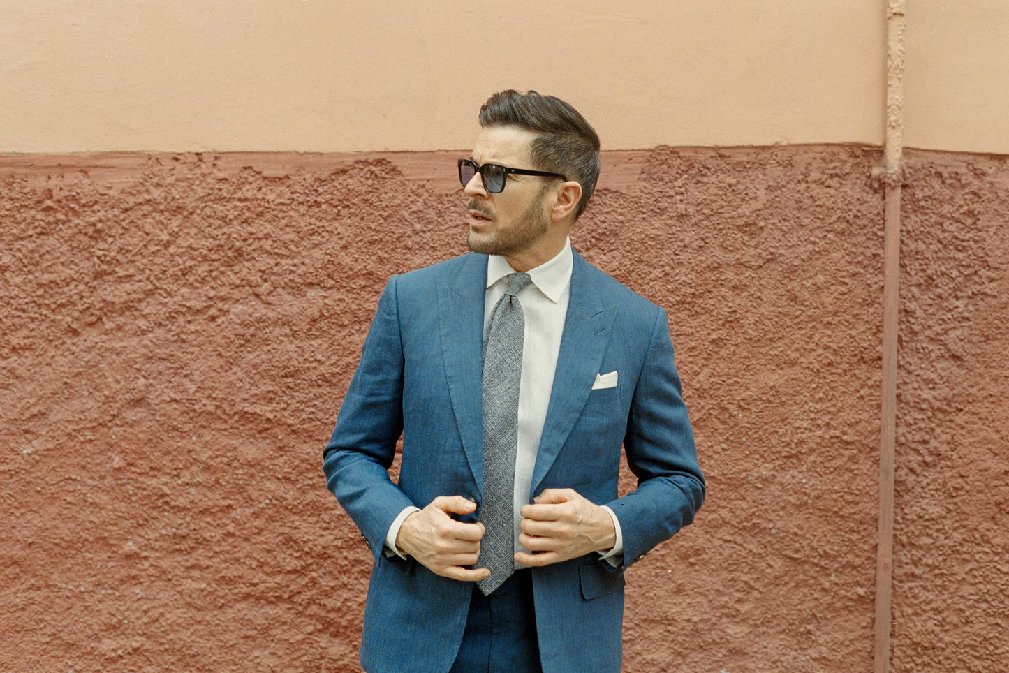 
                  
                    Single Breasted Peak Lapel Suit in Mid Blue Wool Linen
                  
                