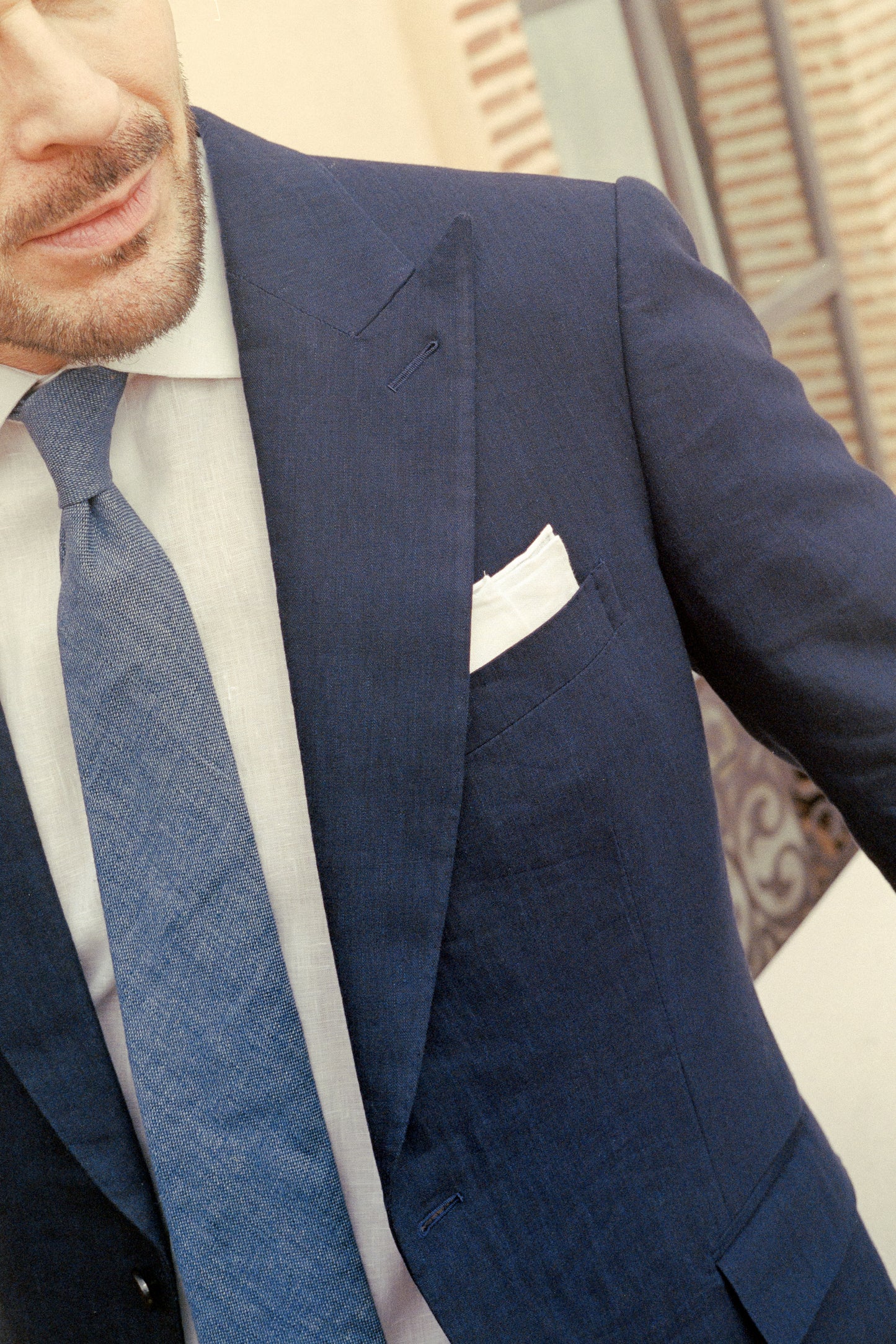 
                  
                    Single Breasted Peak Lapel Suit in Navy Wool Linen
                  
                