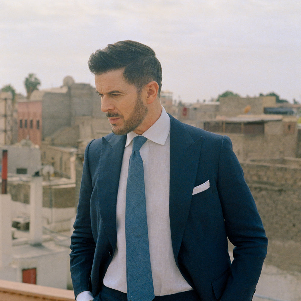 
                  
                    Single Breasted Peak Lapel Suit in Navy Wool Linen
                  
                