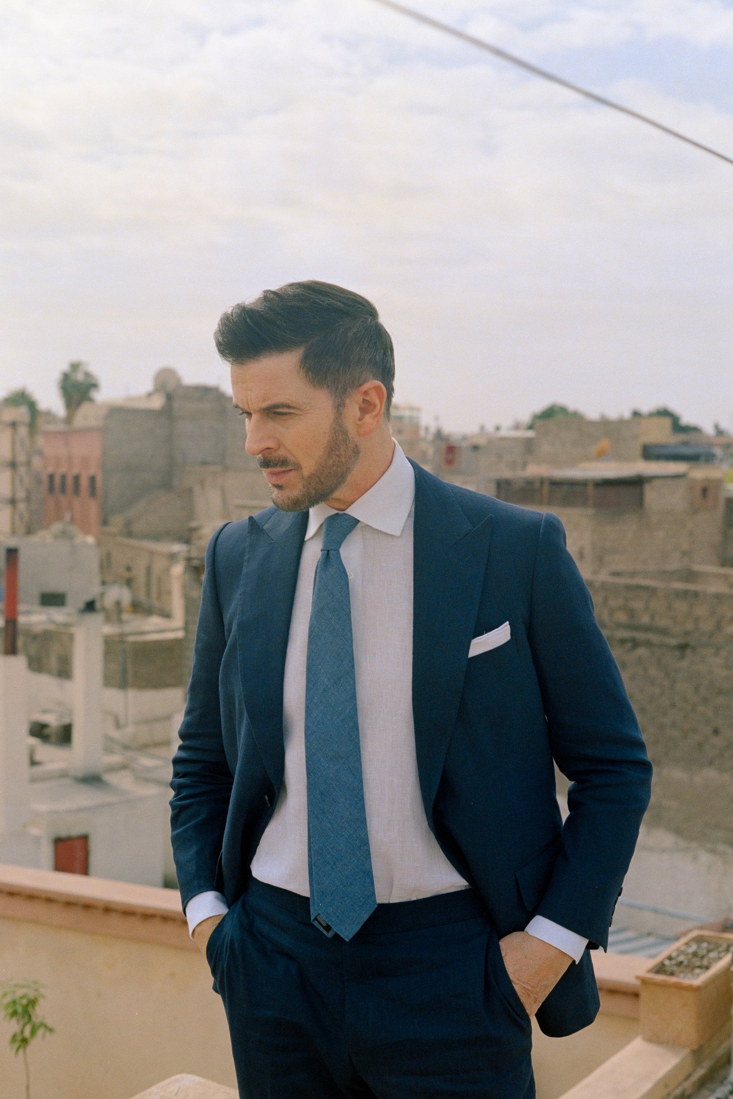 
                  
                    Single Breasted Peak Lapel Suit in Navy Wool Linen
                  
                