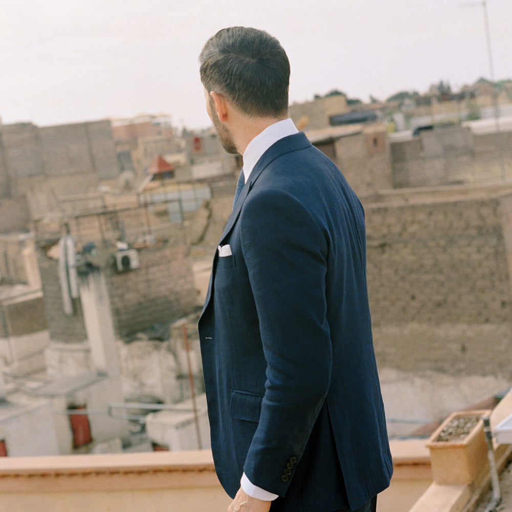 
                  
                    Single Breasted Peak Lapel Suit in Navy Wool Linen
                  
                
